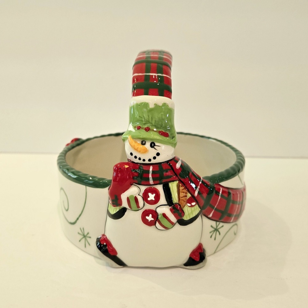 Fitz & Floyd Holly Hat Snowman Ceramic Christmas Basket Candy Nut Dish Decor